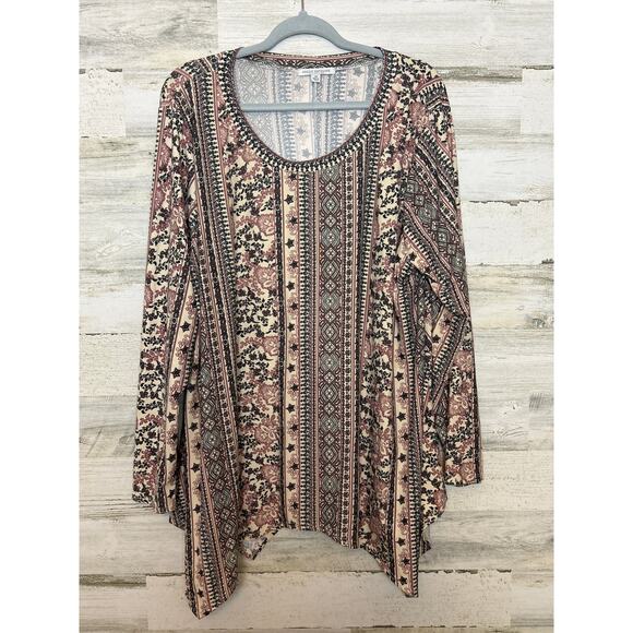 Green Envelope Women's plus 2X long sleeve crew neck boho tunic shark hem top - Picture 1 of 6